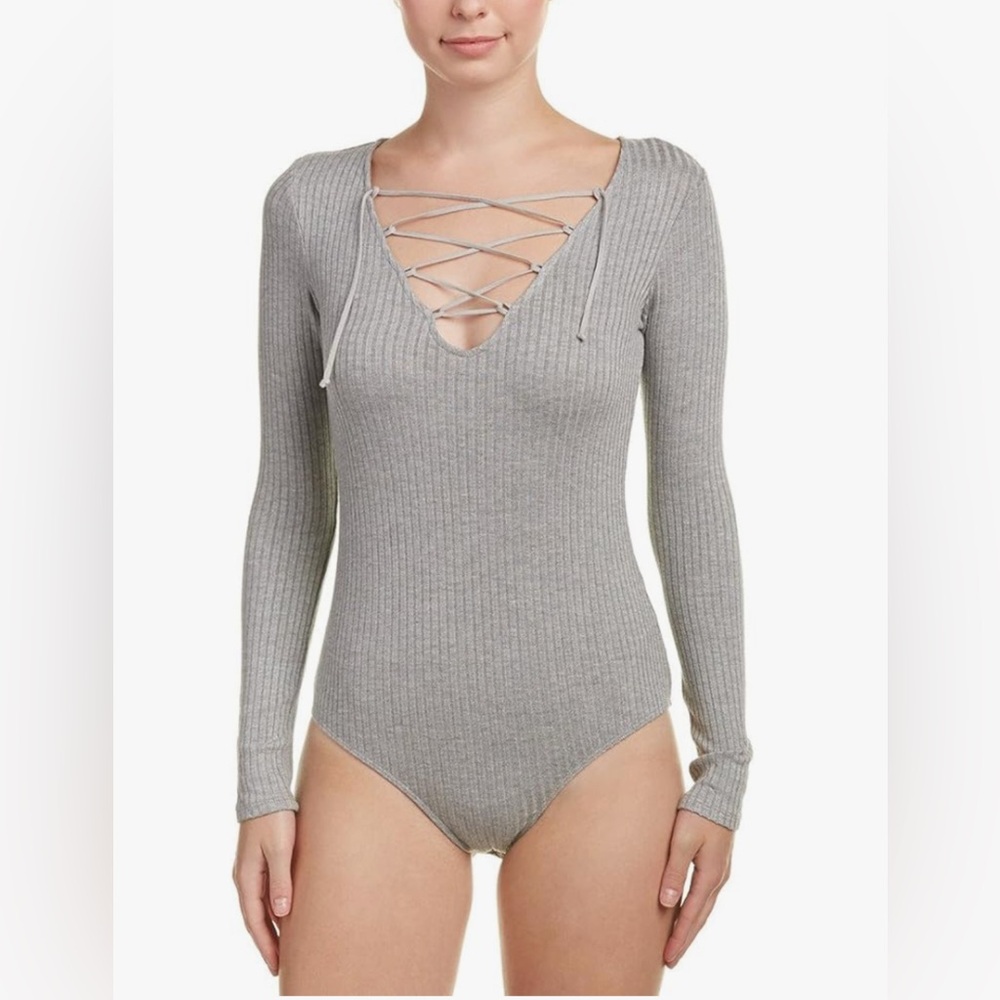 Soft Splendid Sylvie Cotton Blend Tie Lace Up Neck Ribbed  Long Sleeve Bodysuit